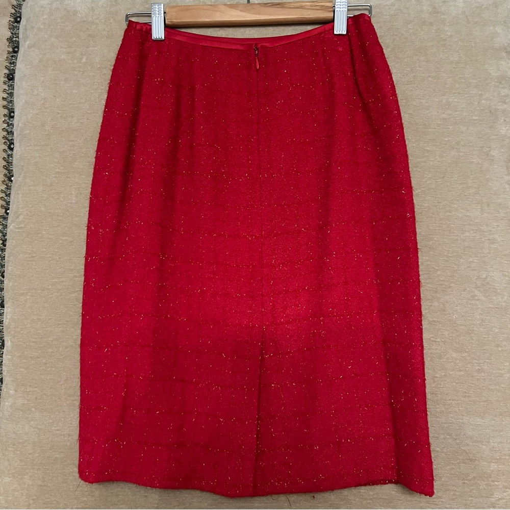 KASPER Red Sparkle Tweed Plaid Petite Skirt Suit - Picture 12 of 17